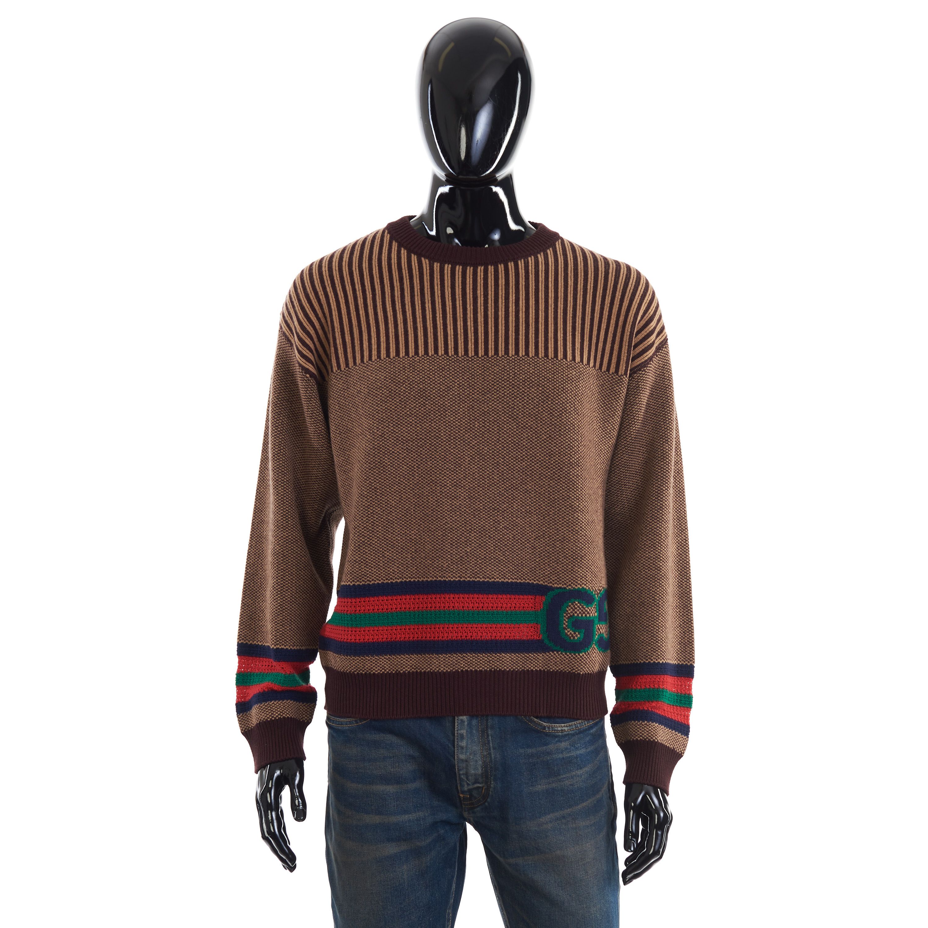 image of Gucci Cotton Wool Jumper With GG In Brown And Camel, Men's (Size Small)