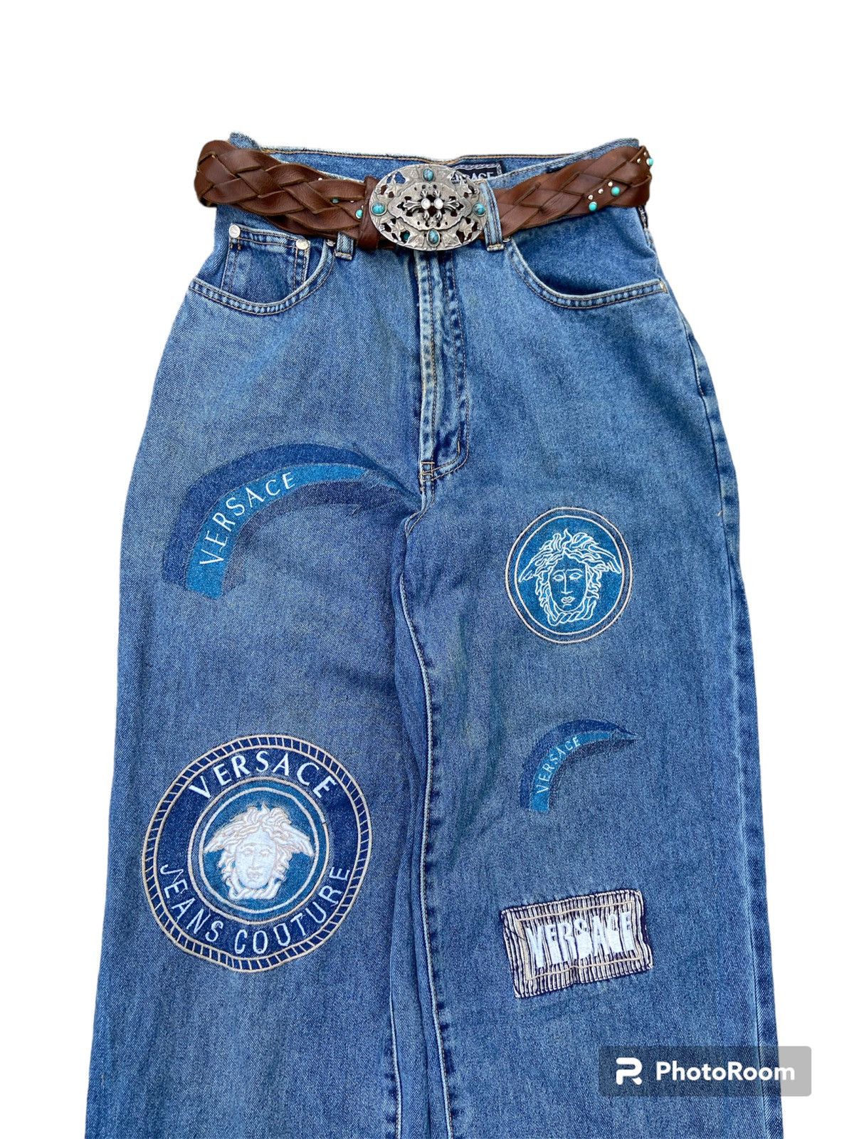 Versace × Versace Jeans Couture × Vintage VERSACE PATCH LOGO HIGH WAIST DENIM + BELT LEATHER Size US 26 / EU 42 - 2 Thumbnail