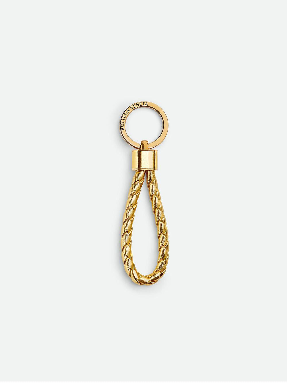 image of Bottega Veneta Leather Intreccio Key Ring in Gold, Women's
