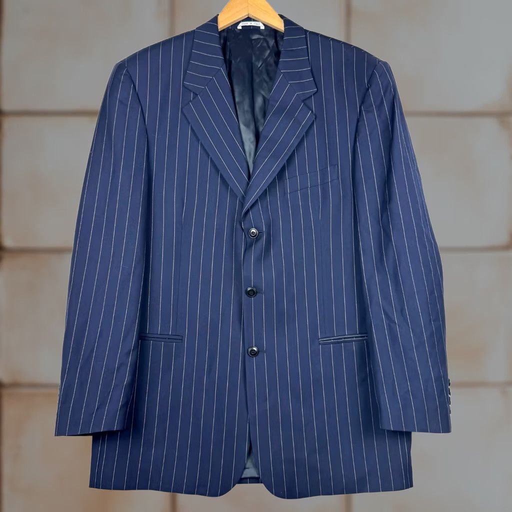 Vintage Bachrach Blazer Shirt: Mens 43 L Pisa Navy Blue Pin Stripe Super 120s Wool Silk Blazer Two Piece Notch Lapel 3-Button 4-Button Sleeve Size 46R - 1 Thumbnail