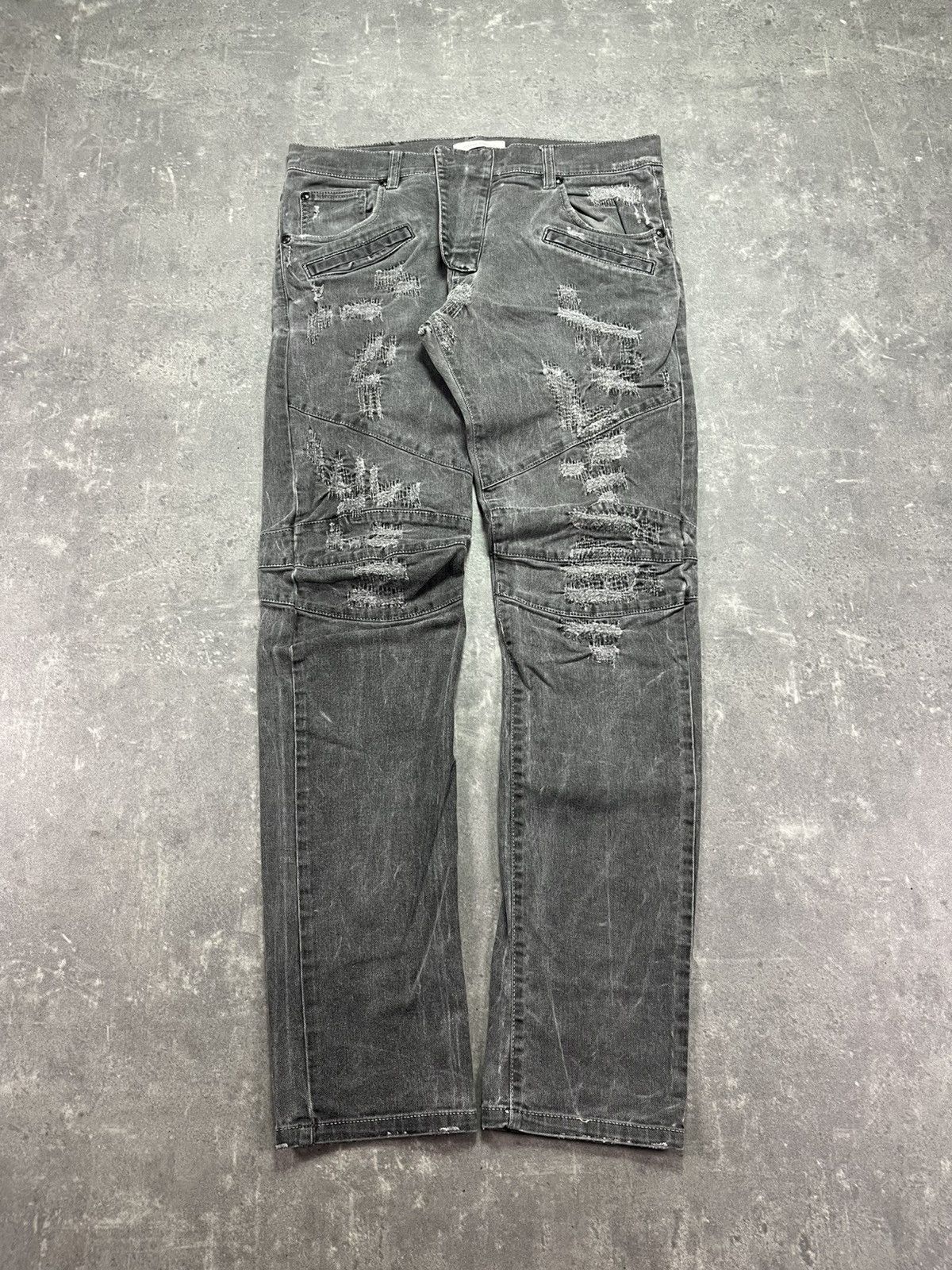 Pierre Balmain Distressed Grey Biker Denim Jeans 34