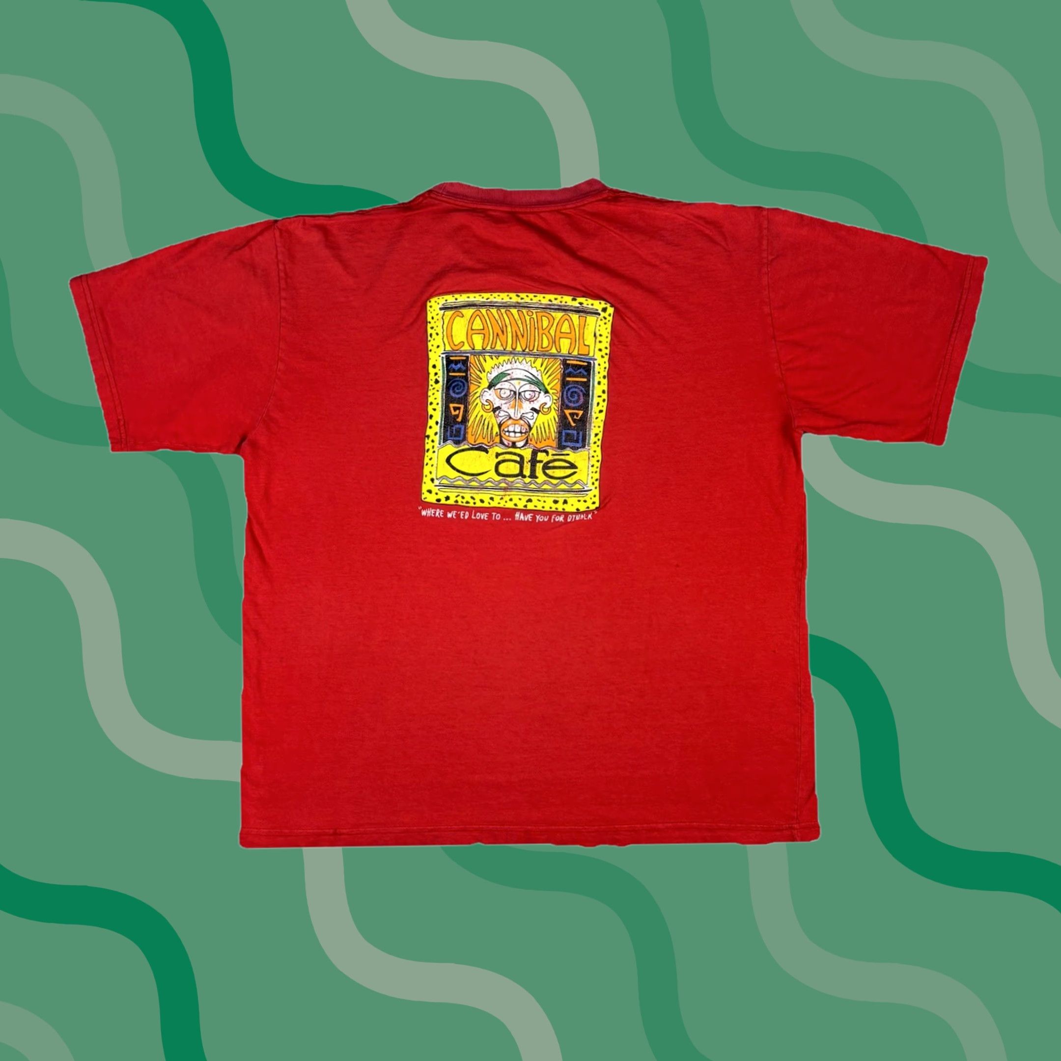 Gildan VINTAGE Cannibal Cafe T Shirt Restaurant Promo Art Red Distressed XL 90s Gildan Crew Neck Short Sleeve Mens T-Shirt Cotton Jersey Regular Fit Size US XL / EU 56 / 4 - 1 Thumbnail