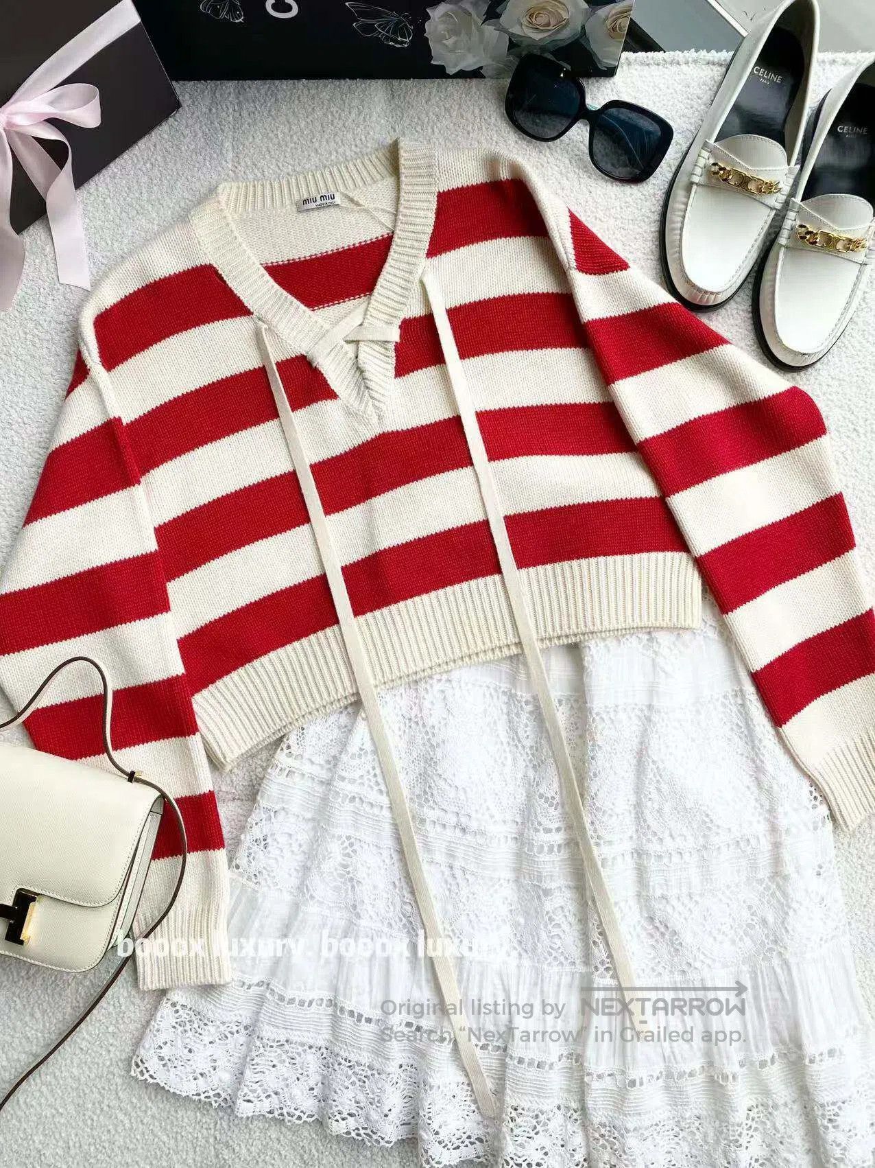 Miu Miu Miu Miu Short red and white striped V-neck lace-up cashmer Size XS / US 0-2 / IT 36-38 - 1 Thumbnail