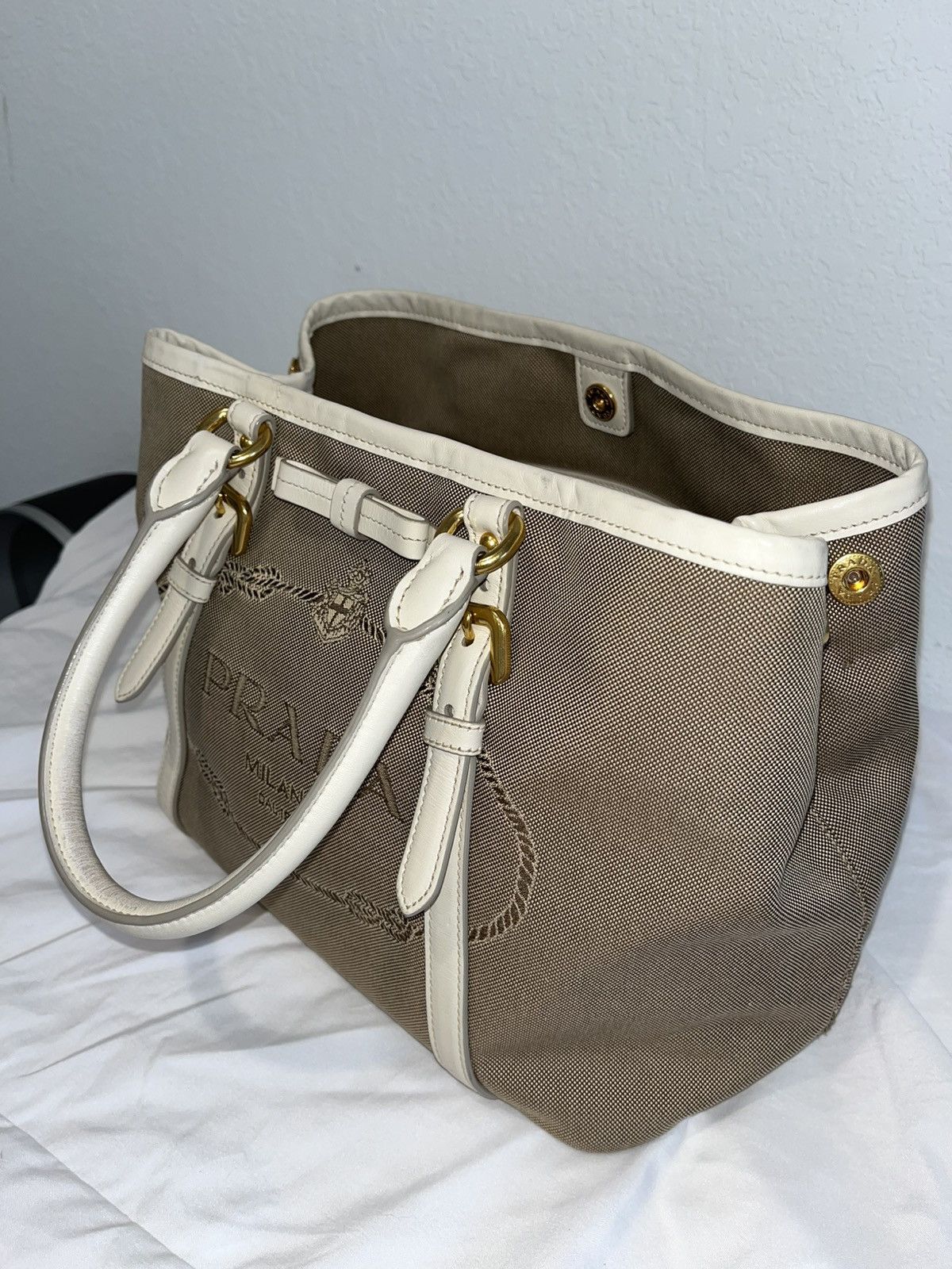 Prada PRADA Tote Bag Logo Jacquard Ribbon Canvas Leather Size ONE SIZE - 2 Thumbnail