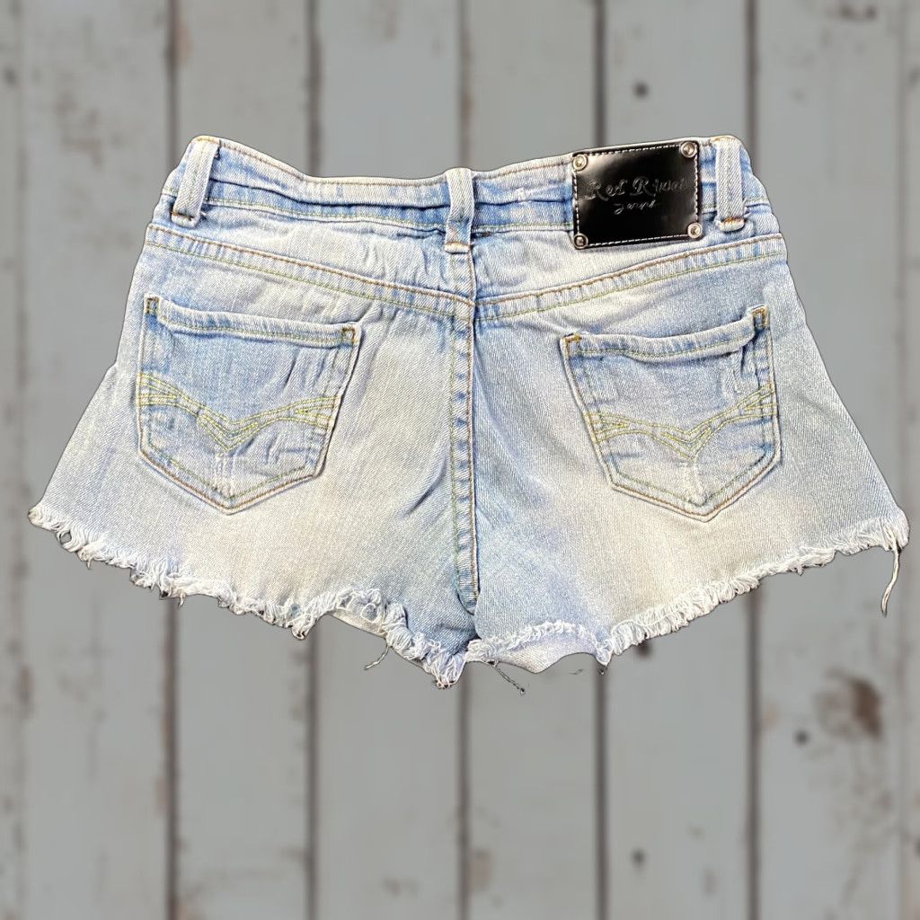 Denime VINTAGE Red Rivet Denim Jean Shorts Sz 1 Low Rise 2” Inseam Distressed 90s Biker Bohemian Grunge USA 2" Inseam Size 25" / US 0 / IT 36 - 1 Thumbnail