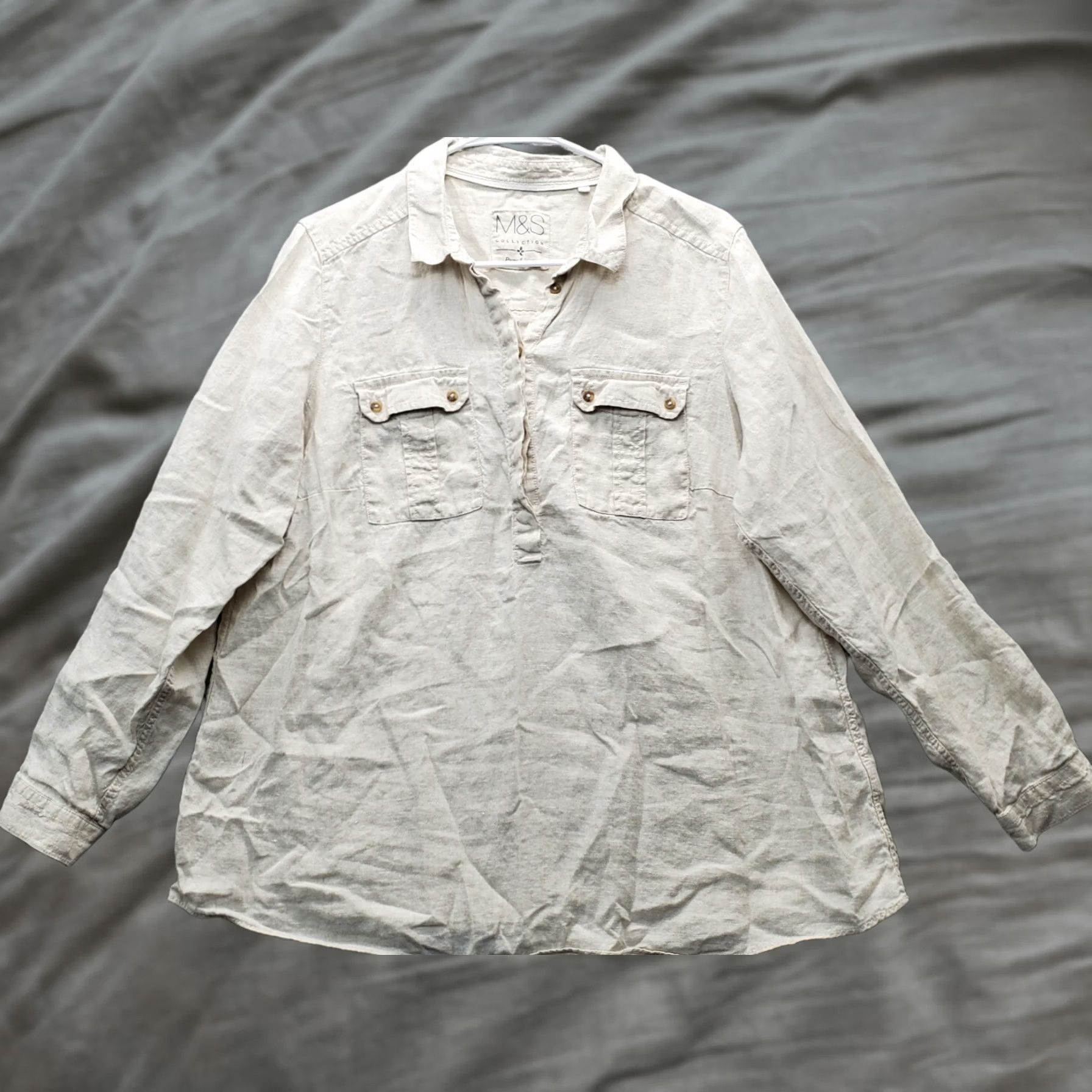 Vintage M&S Collection Blouse Womens Size UK 20 Tan Long Sleeve Pockets Button Front Shirt Size 3XL / US 20-22 - 1 Thumbnail