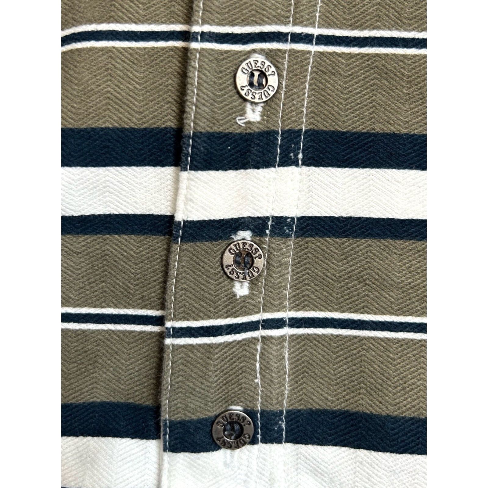 Guess VINTAGE GUESS POLO Shirt Mens XL Deadstock NWT 90s NOS Striped Olive Green Navy Blue White Embroidered Chest Logo Denim Collar Short Sleeve Size US XL / EU 56 / 4 - 5 Thumbnail