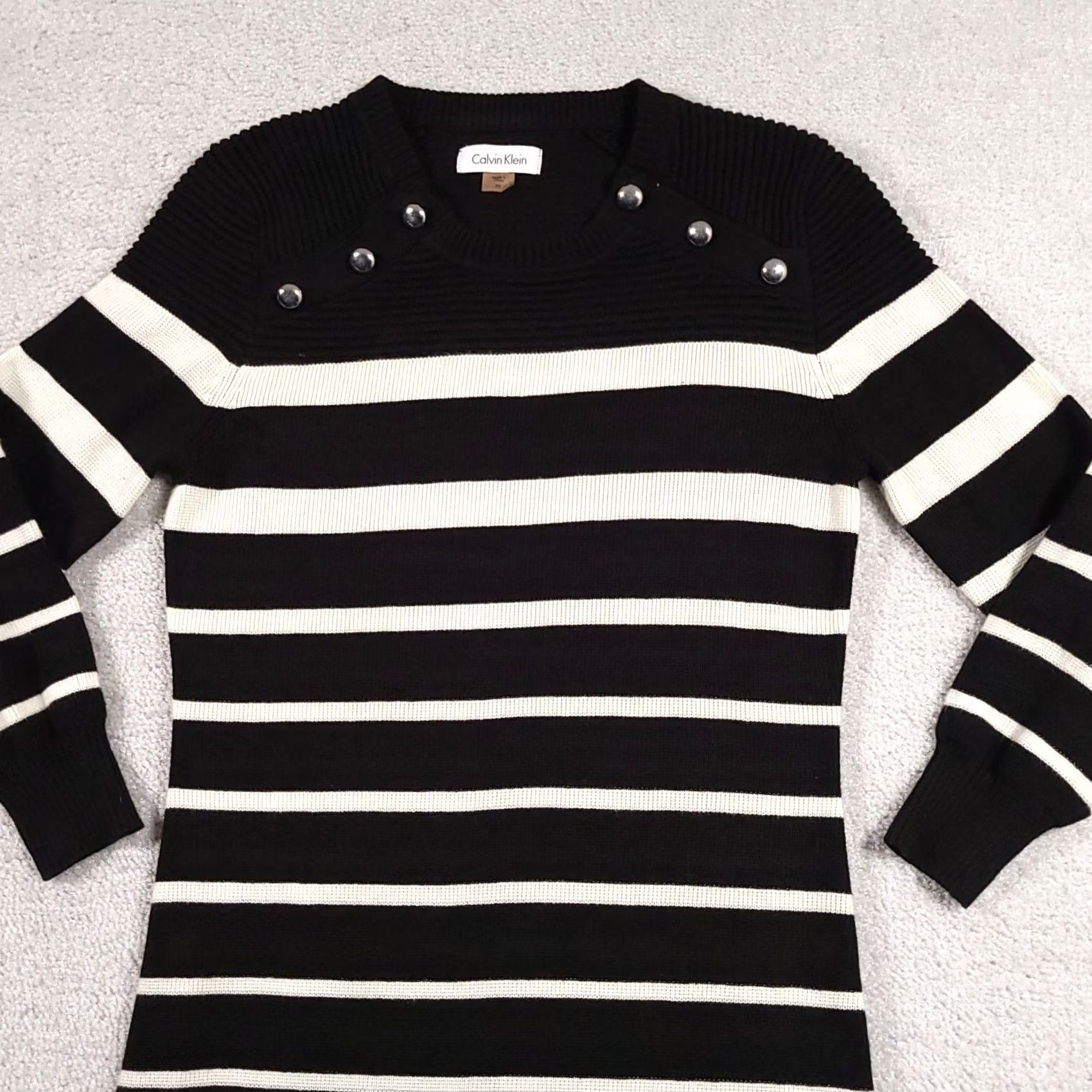 Calvin Klein Calvin Klein Sweater Dress PS Striped Black Knit 3/4 Sleeve Women Small Petite Knitted Knee Length Multicolor Striped Calf? Size S / US 4 / IT 40 - 3 Thumbnail