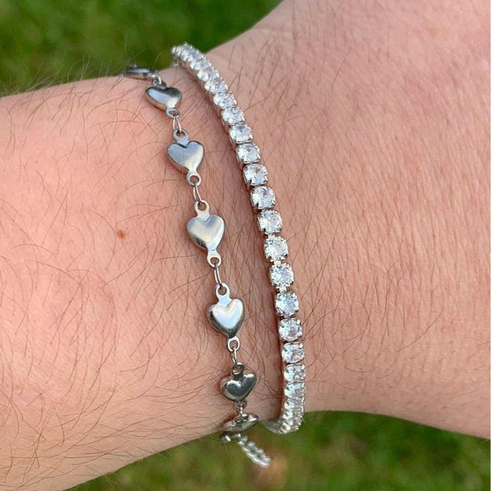 Cuban Link Chain Tennis Bracelet + Heart Bracelet Set Tennis Chain