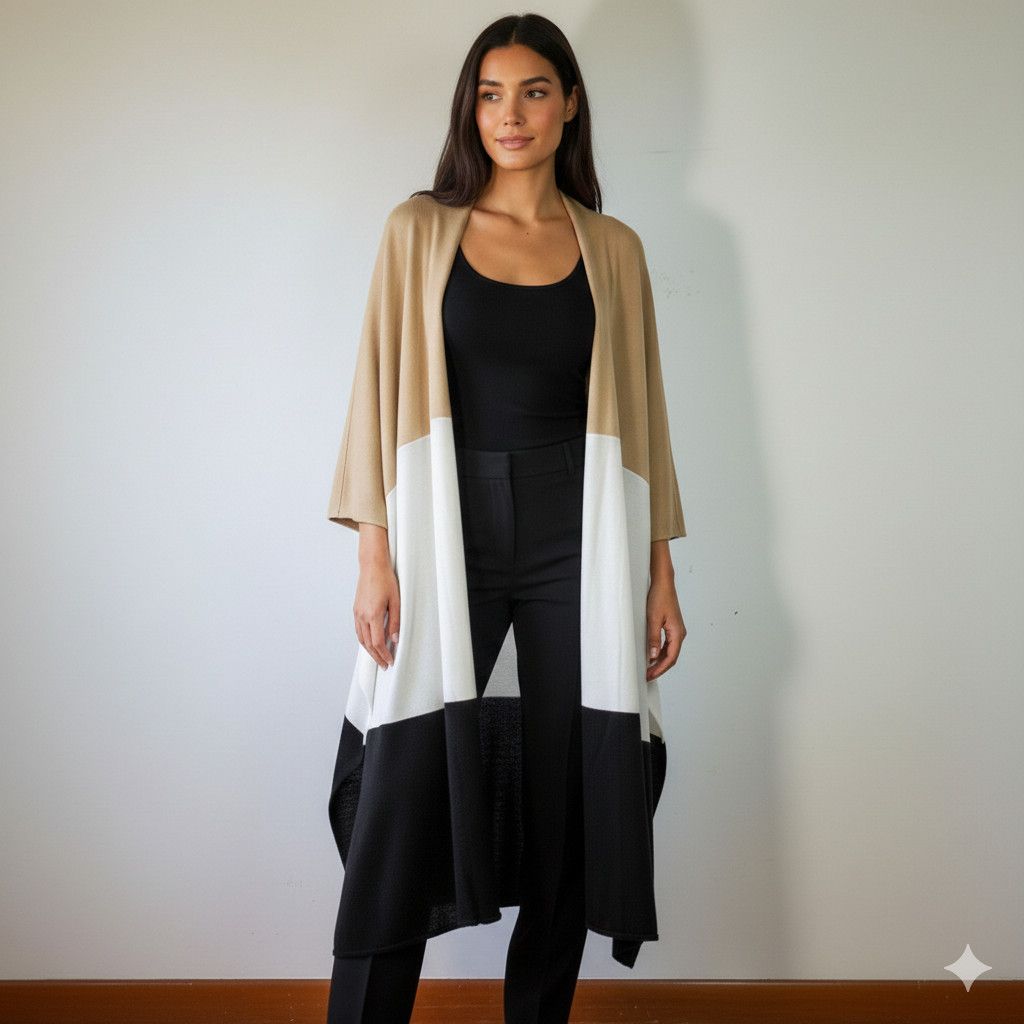 Other Victor Alfaro OS Cardigan Duster Colorblock 100% Wool Beige Size ONE SIZE - 4 Thumbnail