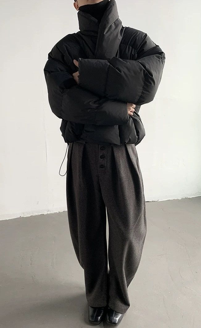 Avant garde wrap shawl collar quilted puffer jacket coat
