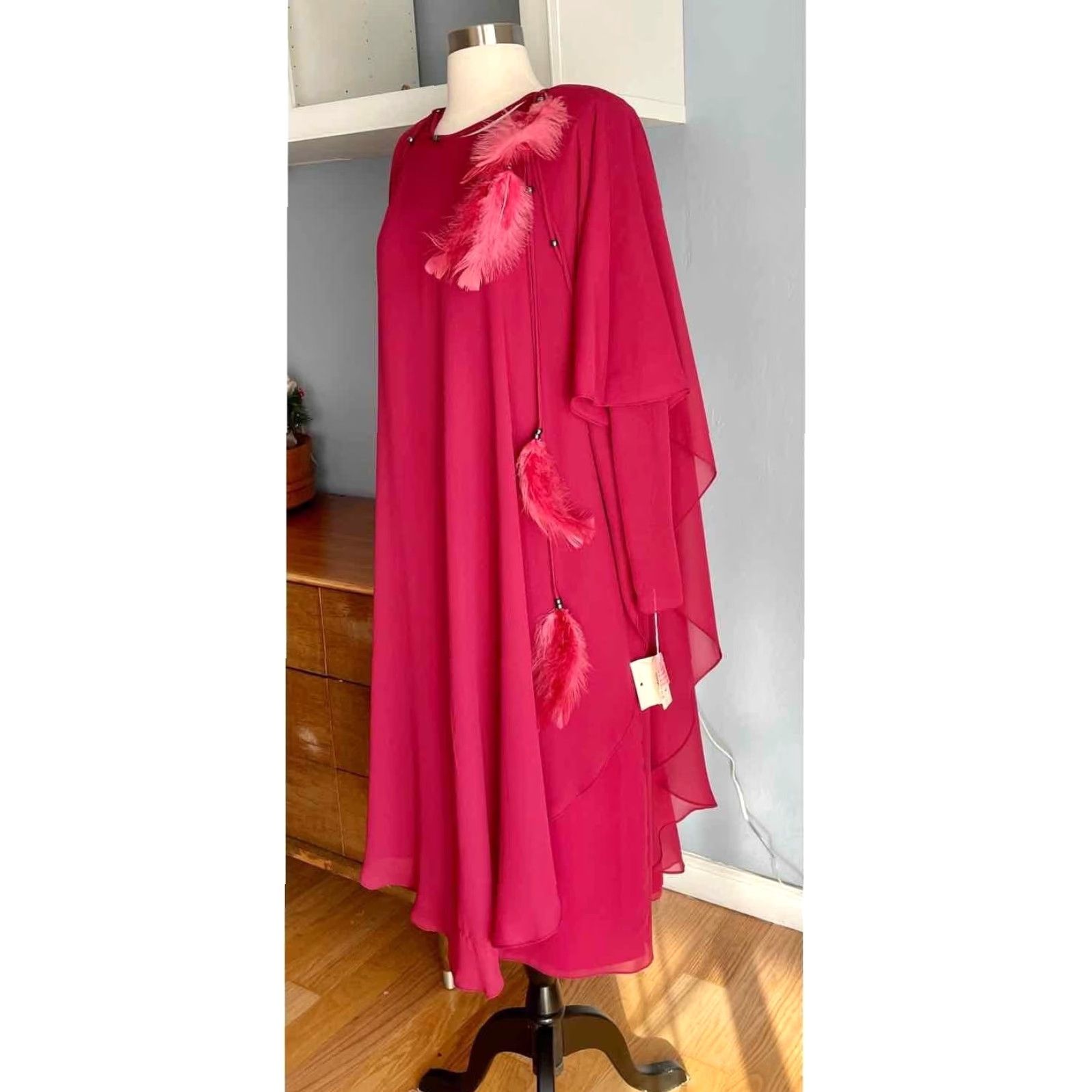 Vintage VINTAGE URSULA OF SWITZERLAND Dress Chiffon Flowy Drape Feathers 12 Pink 1980s Eveningwear Size XL / US 12-14 / IT 48-50 - 4 Thumbnail