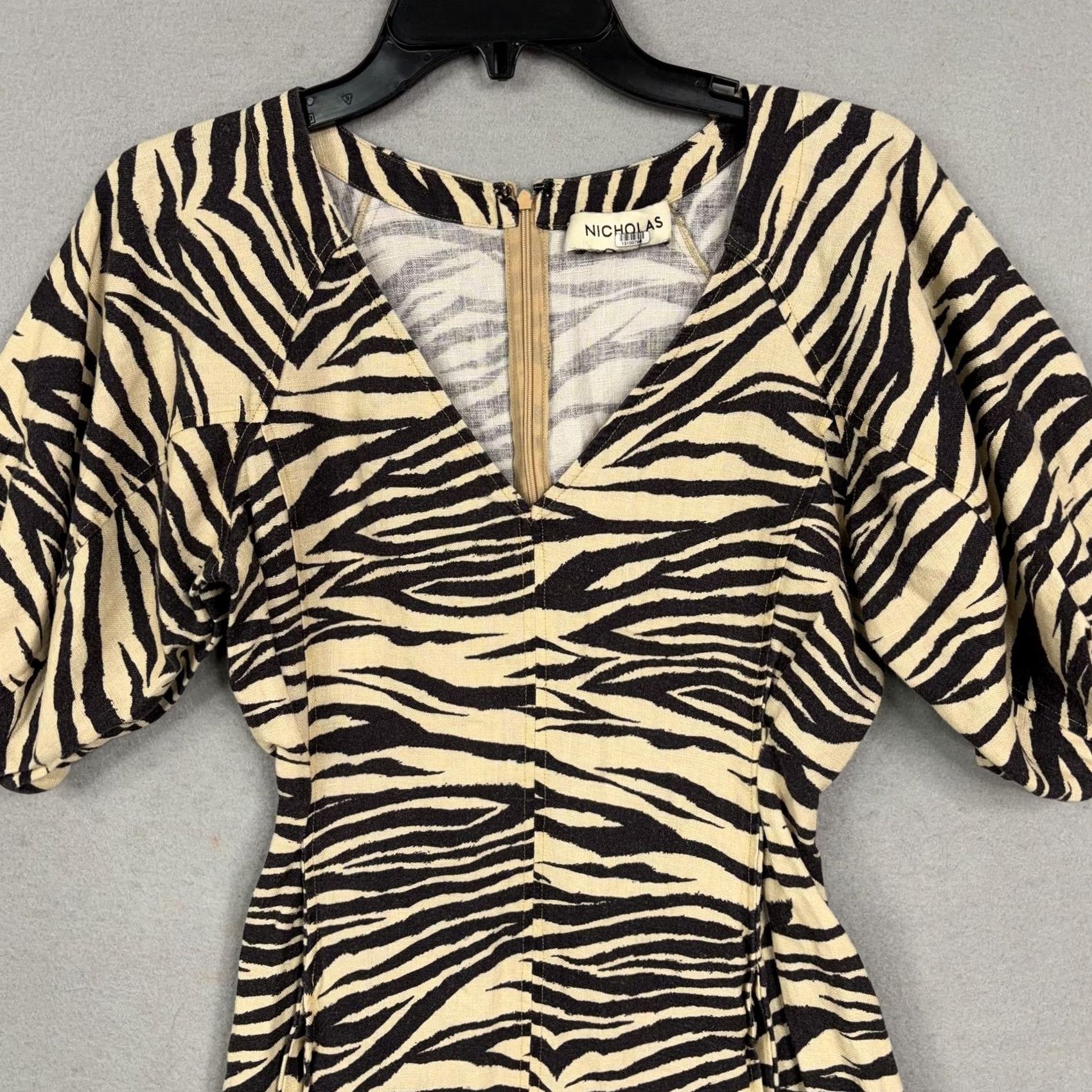 NICHOLAS VINTAGE Nicholas Dress Womens US 2 Beige Zebra Print Puff Sleeve Linen Mini Shift Shirt Girls Size XS / US 0-2 / IT 36-38 - 2 Thumbnail