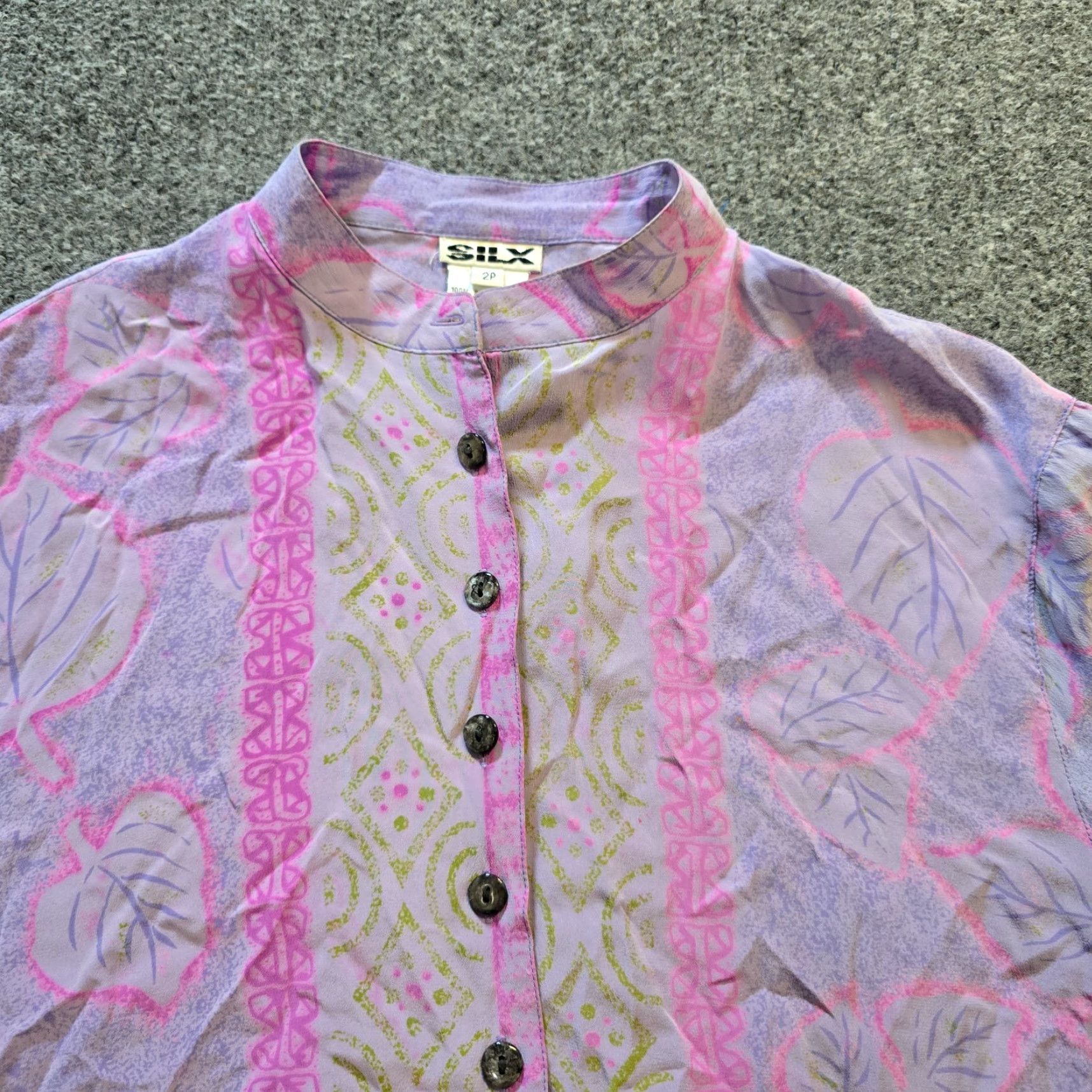 Pinko Silx Top Blouse Womens Size 2 Petite Purple Floral Silk Watercolor Artsy Casual Size XS / US 0-2 / IT 36-38 - 2 Thumbnail