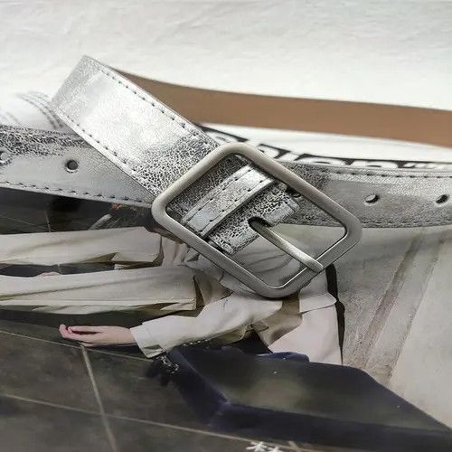 Leather Metallic Silver Belt with Sleek Buckle Size ONE SIZE - 4 Thumbnail