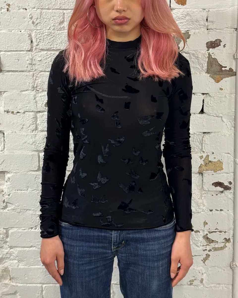 Saint Laurent Paris FW2023 Saint Laurent Velvet Butterfly Motifs Black Transparent Turtle Neck Longsleeve Top Size S / US 4 / IT 40 - 1 Thumbnail