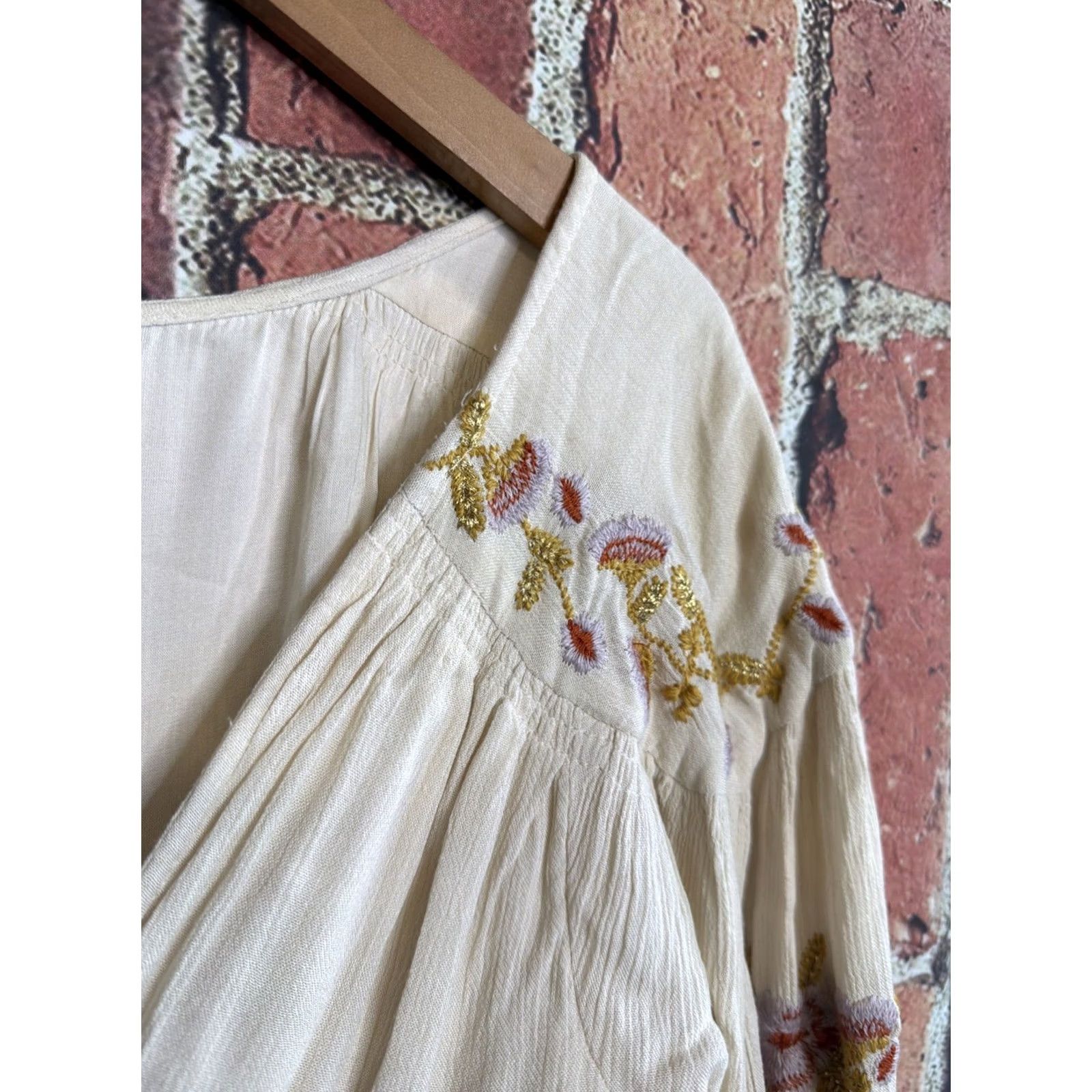 Free People Free People Dress Shirt Bohemian Embroidered Midi Ivory S Boho Chic 3/4 Sleeve V-Neck Button Front Womens Size S / US 4 / IT 40 - 4 Thumbnail
