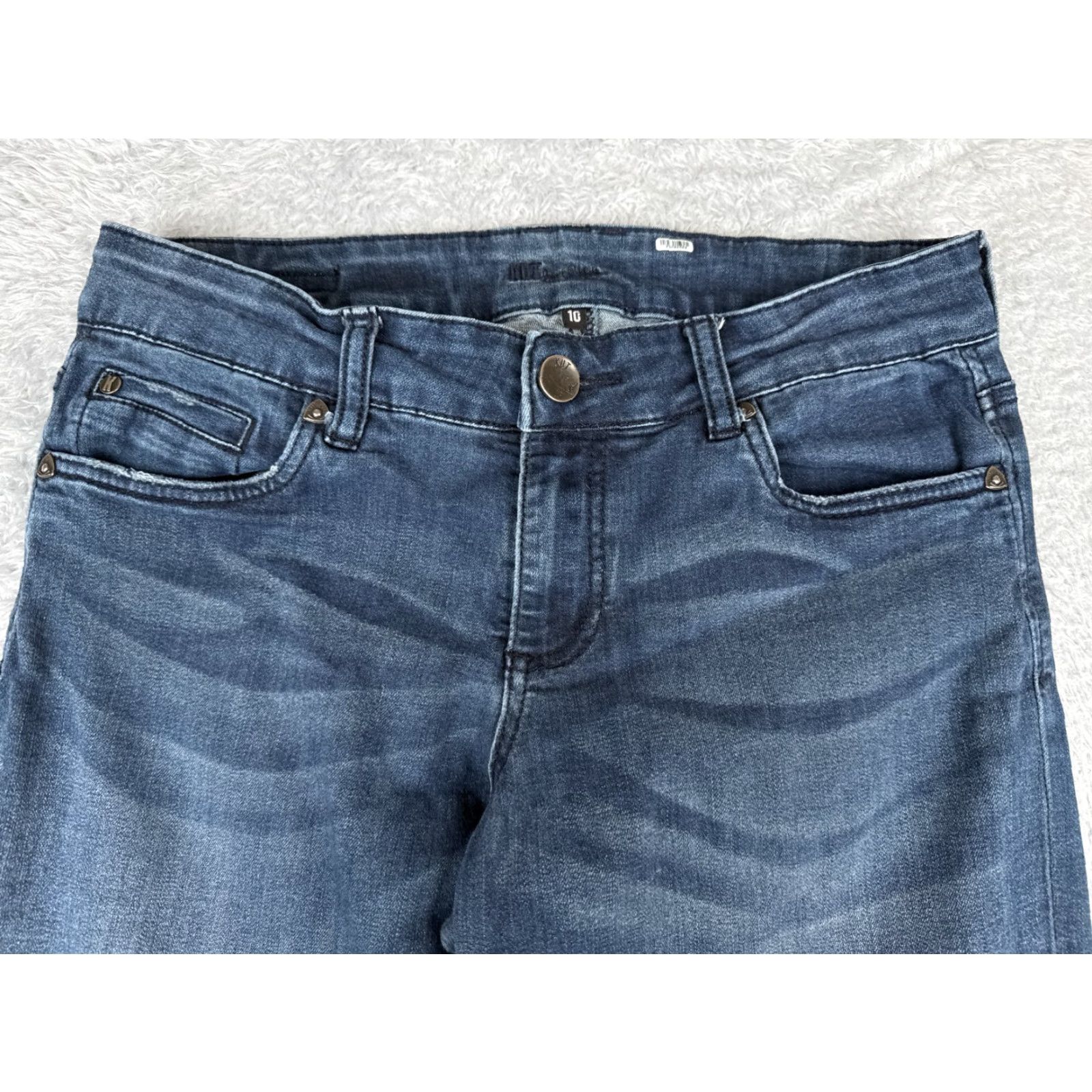 Vintage KUT from the Kloth Jeans Women's 10 Blue Denim Mid Rise Boot 30x28 Regular Stretch Distressed Embroidered Logo Size 27" / US 4 / IT 40 - 4 Thumbnail