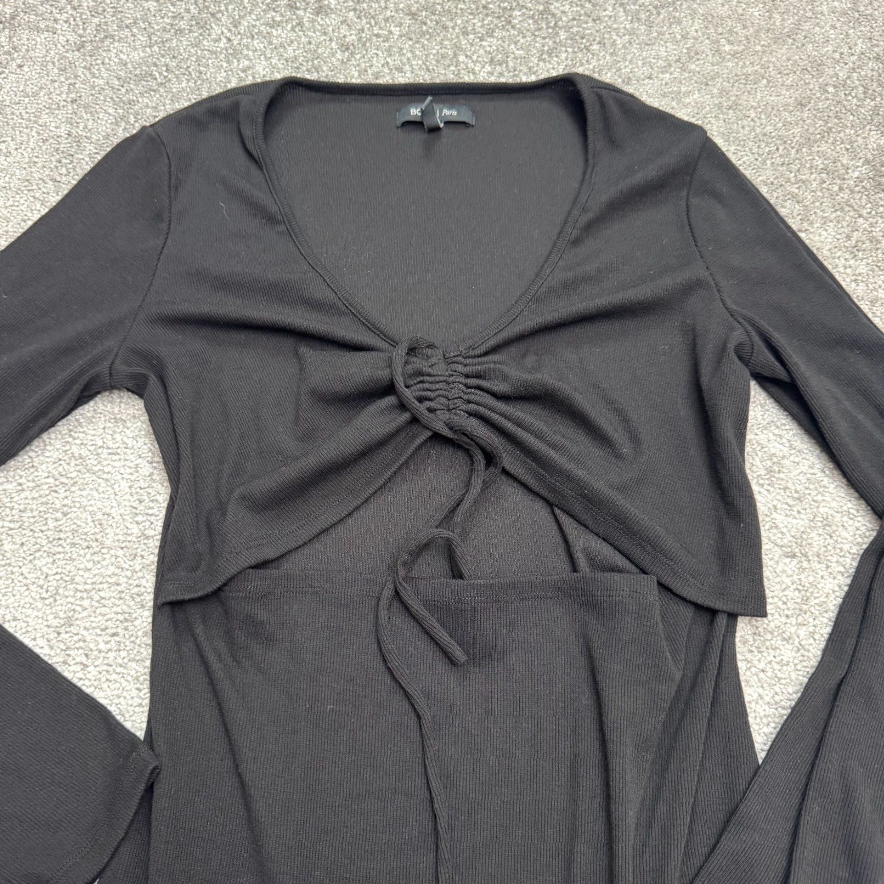 Vintage BDBG Paris Dress Mini Woman M Black Knit Long Sleeve Ribbed Cut Out Stretch V-Neck Fashion Size M / US 6-8 / IT 42-44 - 3 Thumbnail