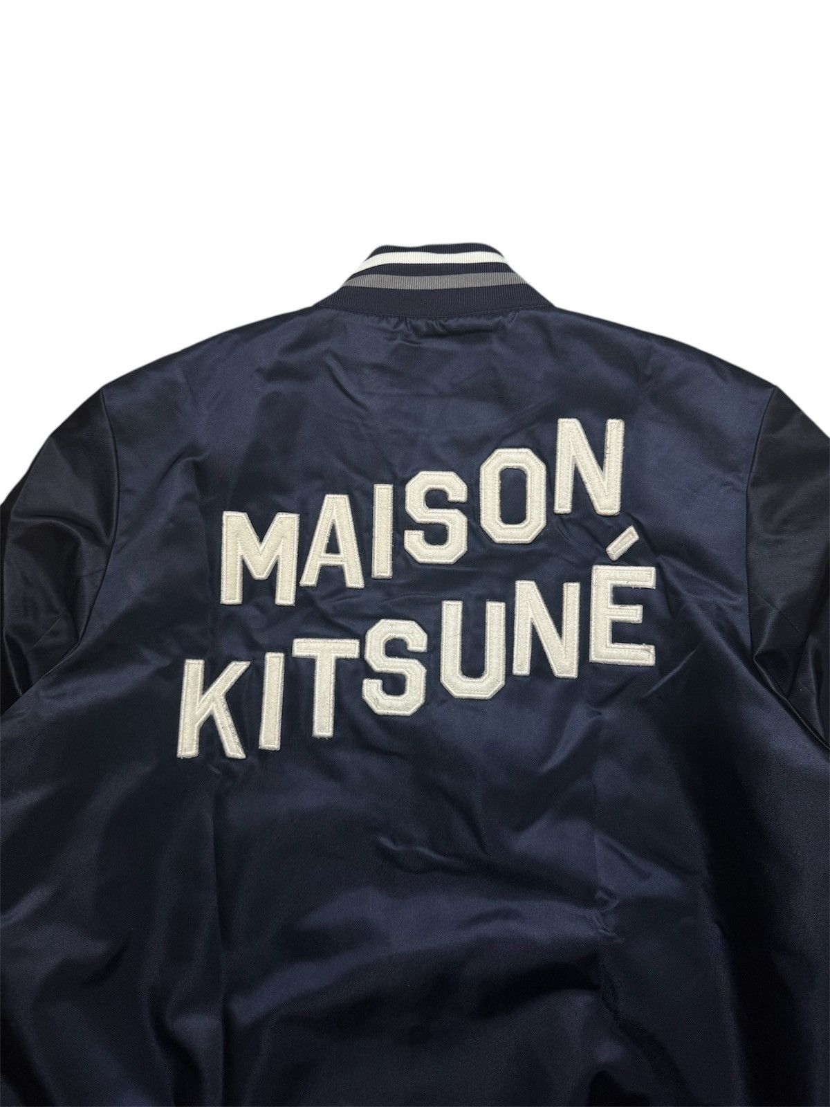 Japanese Brand × Maison Kitsune Maison Kitsune Navy Satin Teddy Bomber Jacket Size US M / EU 48-50 / 2 - 3 Thumbnail