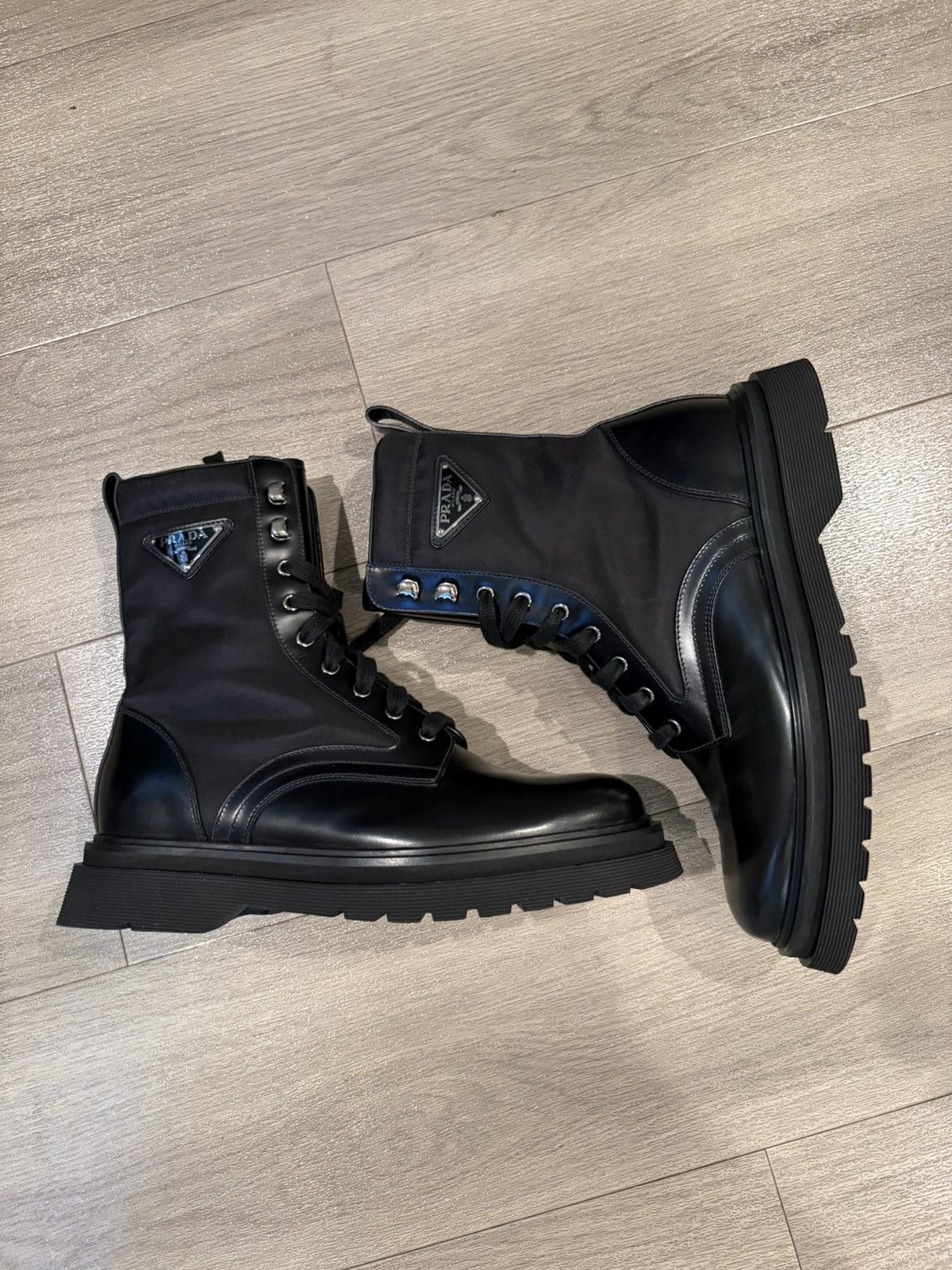 Prada Triangle logo combat boots in leather and nylon Size US 8 / EU 41 - 2 Thumbnail
