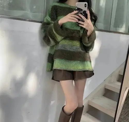 Vintage Green loose contrast striped sweater Size M / US 6-8 / IT 42-44 - 2 Thumbnail