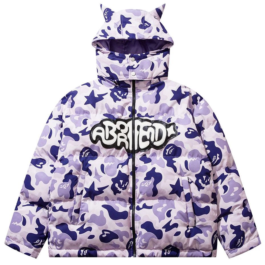 image of Vintage Y2K Purple Camo "abortend" Oversized Puffer Jacket, Men's (Size 2XL)