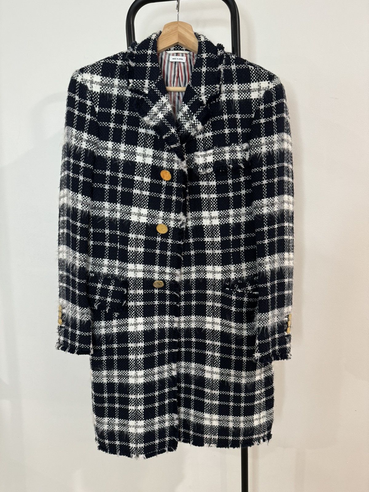 image of Thom Browne Tweed Chesterfield Coat, Navy Plaid in Blue, Men's (Size Small)