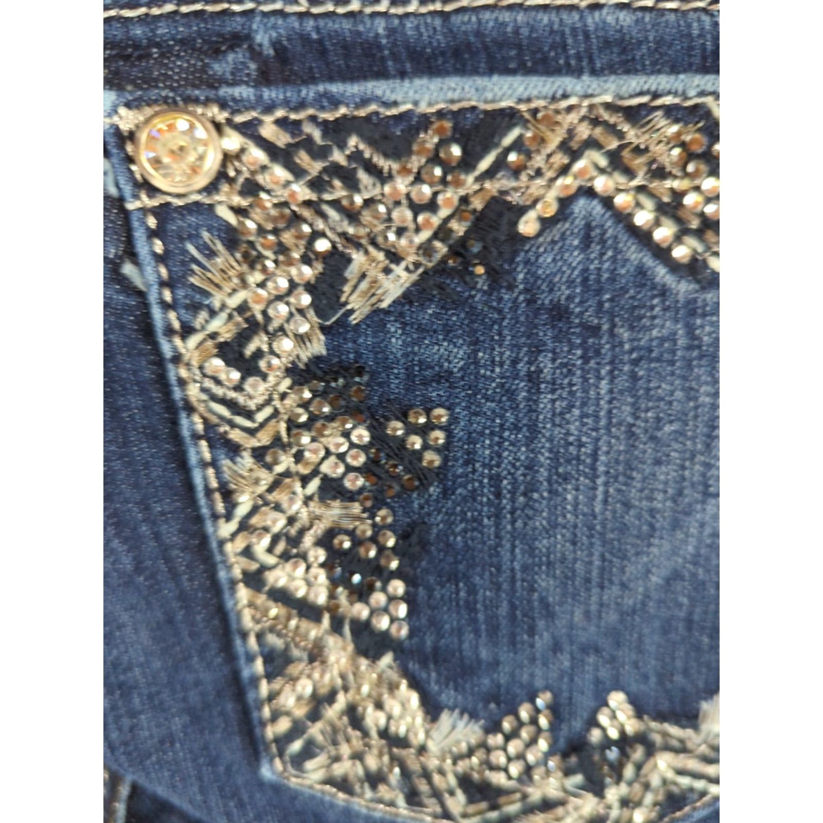 Miss Me Miss Me Jeans Womens Bootcut Mid Rise Dark Wash Rhinestone 5-Pocket Denim 29 Blue Womens Jeans Size 29" - 5 Thumbnail