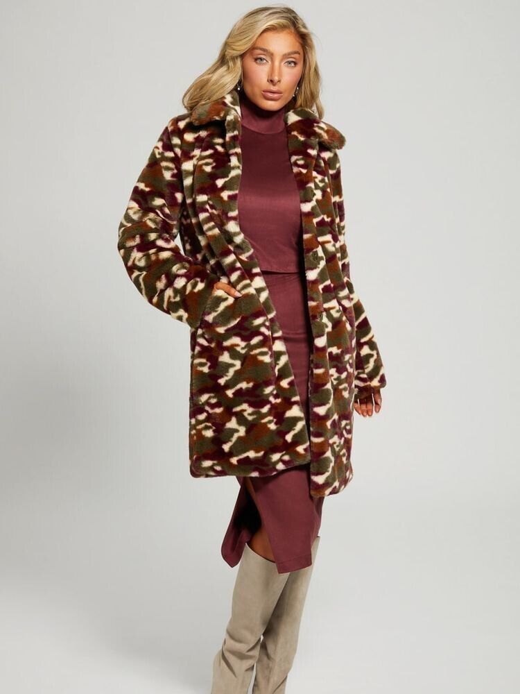 image of Guess Camo Faux Fur Coat Camouflage Burgundy ( Xs ), Women's