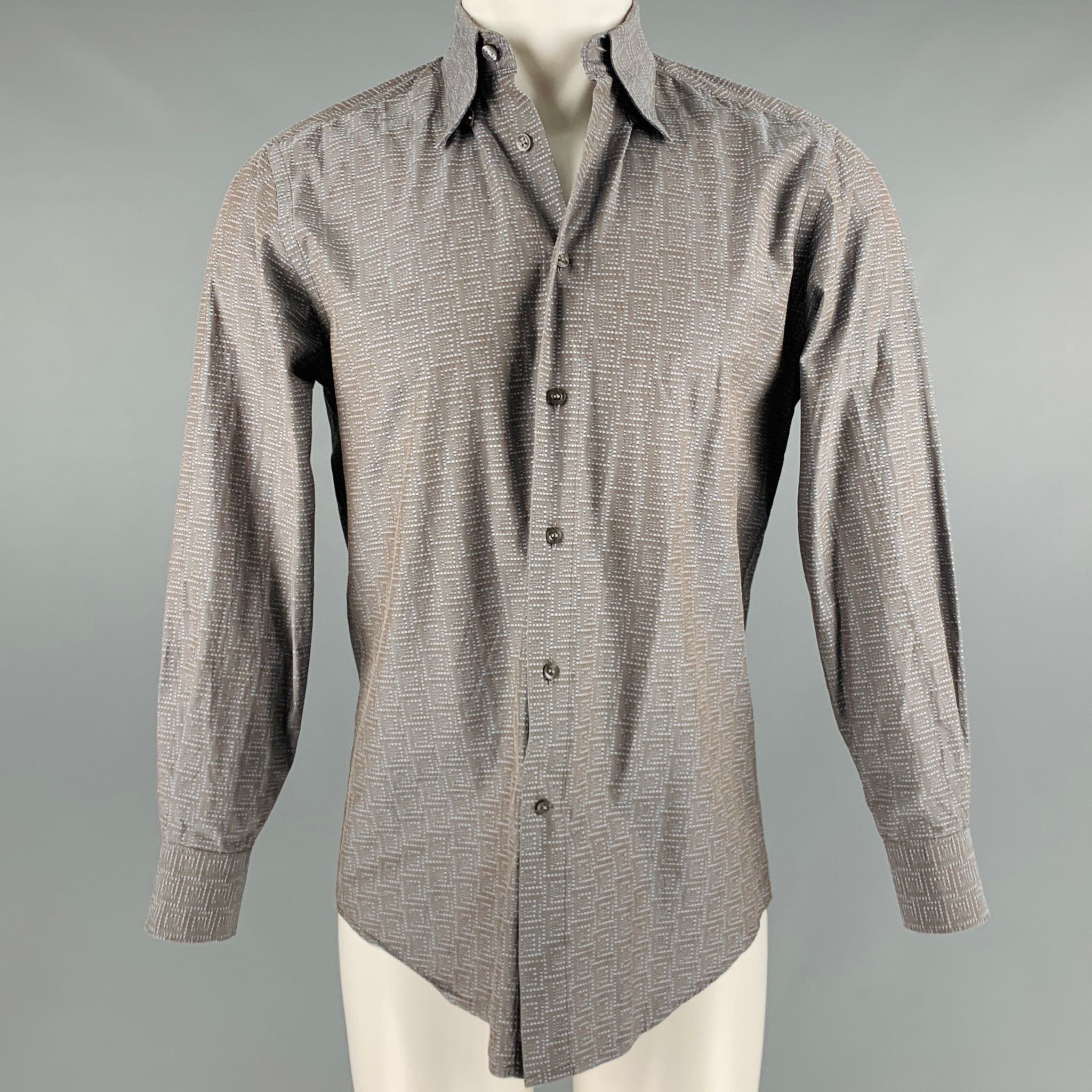 image of Versace Grey Blue Dots Long Sleeve Shirt, Men's (Size Small)