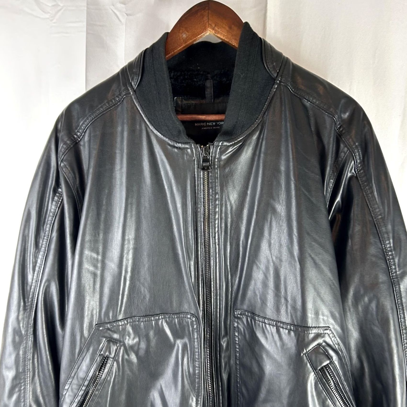 Vintage Marc New York Mens XL Black Faux Leather Bomber Jacket Insulated Faux Fur Lined Size US XL / EU 56 / 4 - 2 Thumbnail