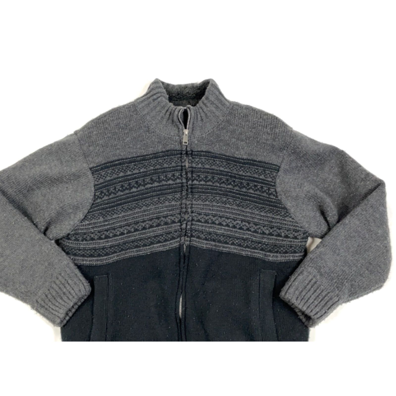 Vintage Icelandic Sherpa Lined Zip Sweater Adult XL Gray Black Geometric Chunky Knit Size US XL / EU 56 / 4 - 4 Thumbnail