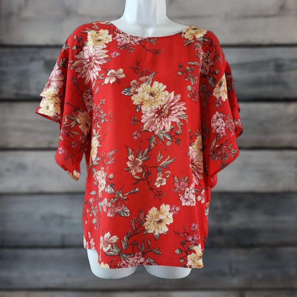 Vintage Bobeau Blouse XS Red Pink Floral Keyhole Layered Sleeves Womens Shirt Size XS / US 0-2 / IT 36-38 - 1 Thumbnail