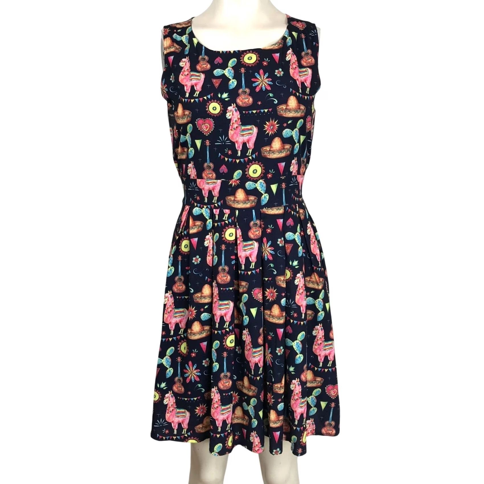 Etro DOLLZ & DAMES DRESS Women S Navy Western Llama Cactus Pleated Retro Knee Length Size S / US 4 / IT 40 - 2 Thumbnail