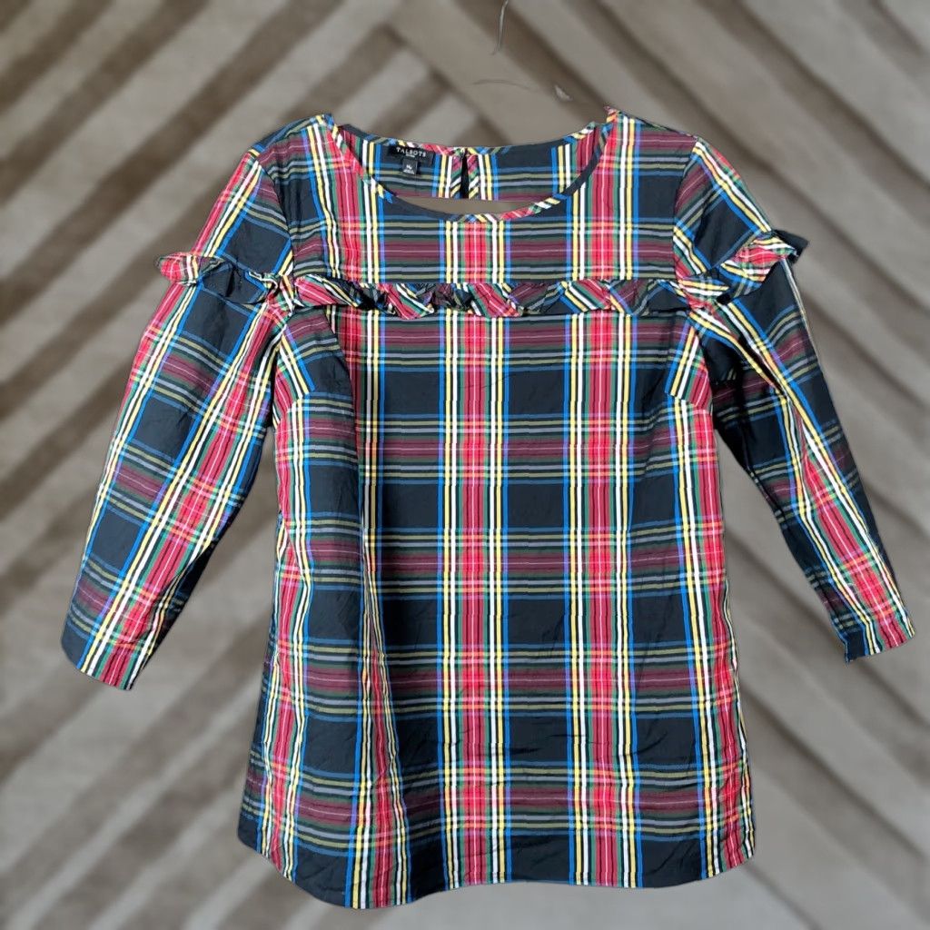 Talbots Talbots Womens Shirt Multicolored Plaid Petite Ruffle 3/4 Sleeve Stretch PM Size M / US 6-8 / IT 42-44 - 1 Thumbnail
