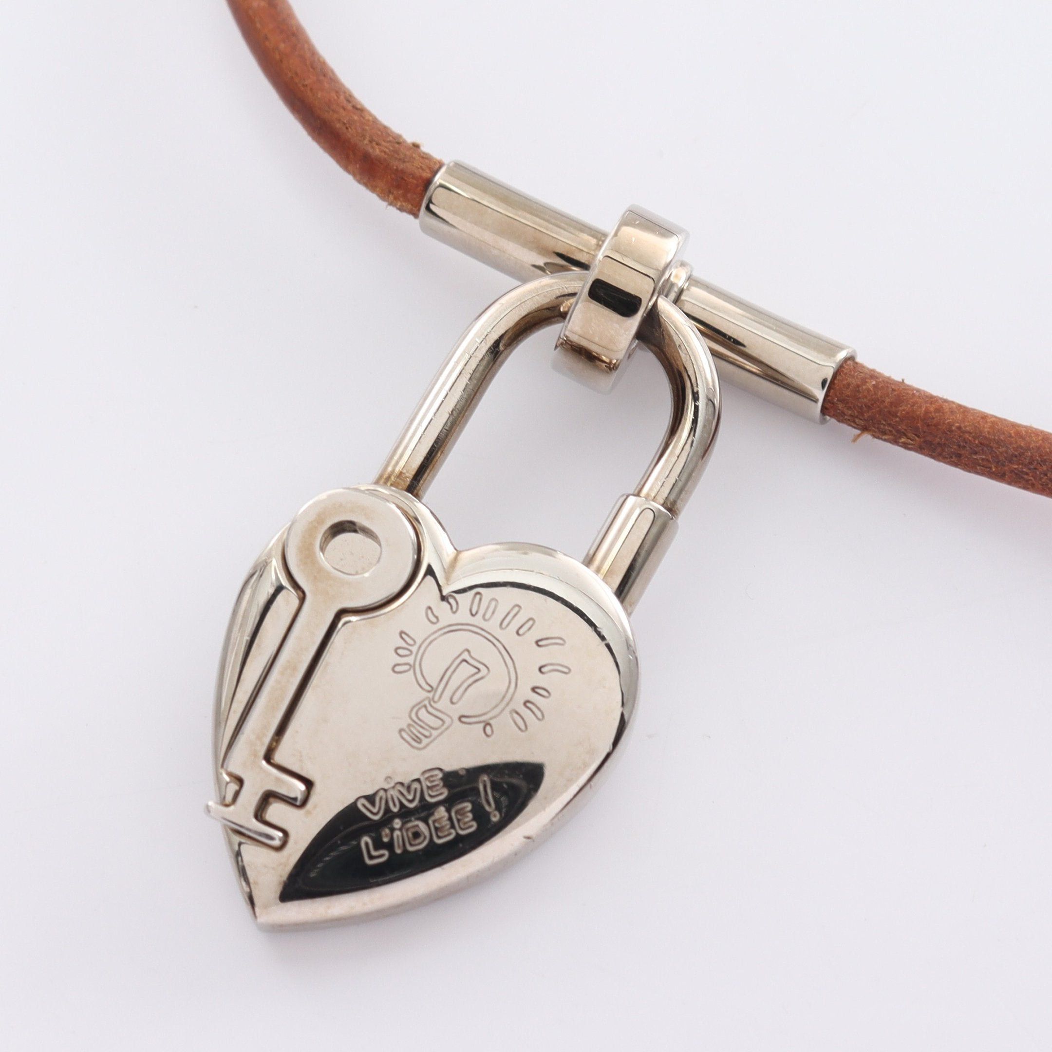 image of Hermes Viviride Fantasy Heart Padlock Choker Necklace Leather Silver Brown, Women's