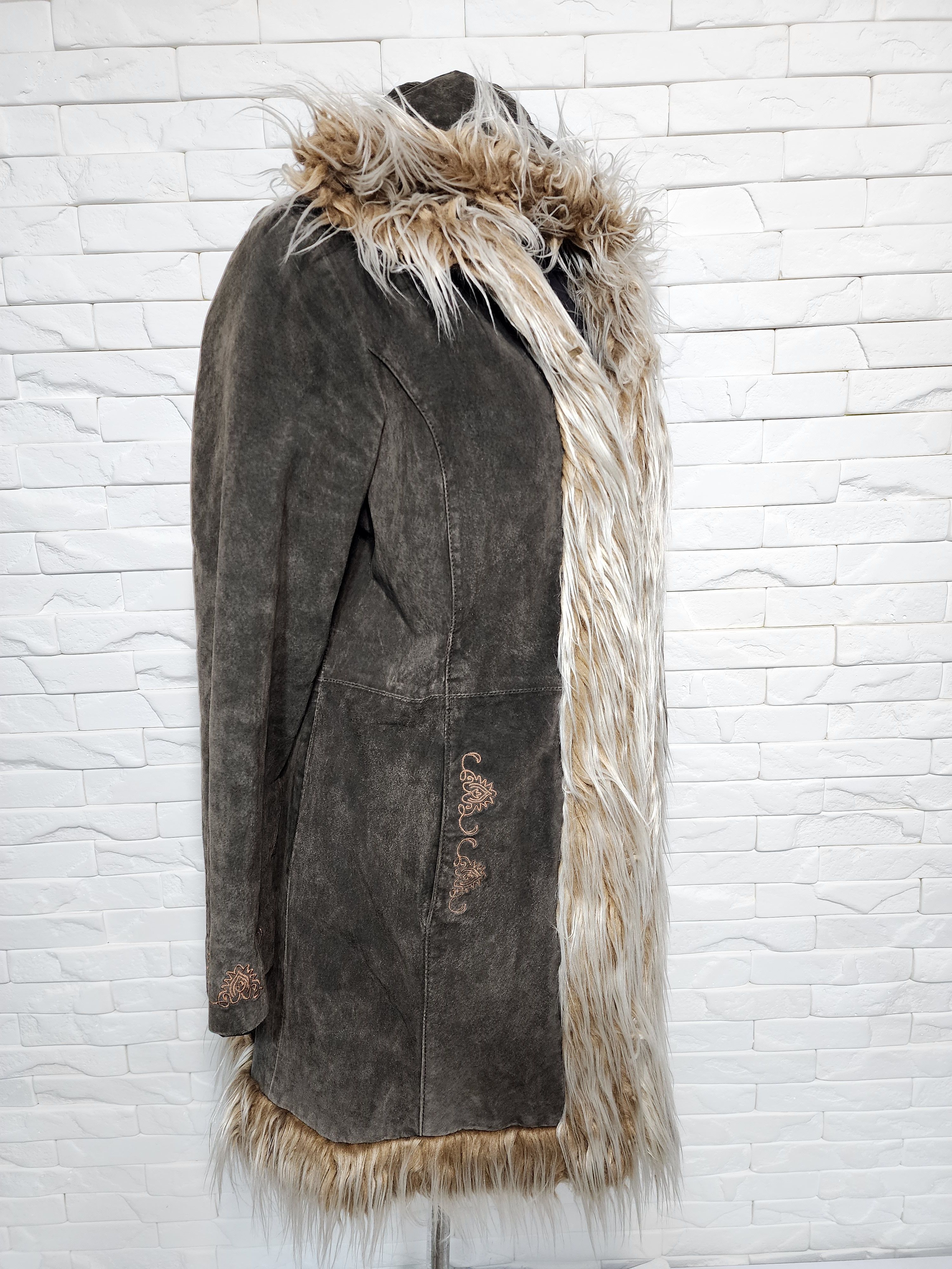 Designer Women's suede long jacket with hood. Size XL / US 12-14 / IT 48-50 - 3 Thumbnail