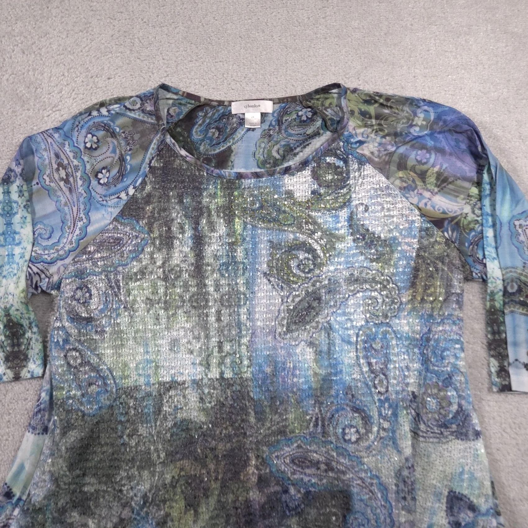 Vintage CJ Banks Shirt Womens 2X Plus Blue Paisley Embellished 3/4 Sleeve Sheer Tunic Shirt Size XXL / US 16-18 / IT 52-54 - 3 Thumbnail