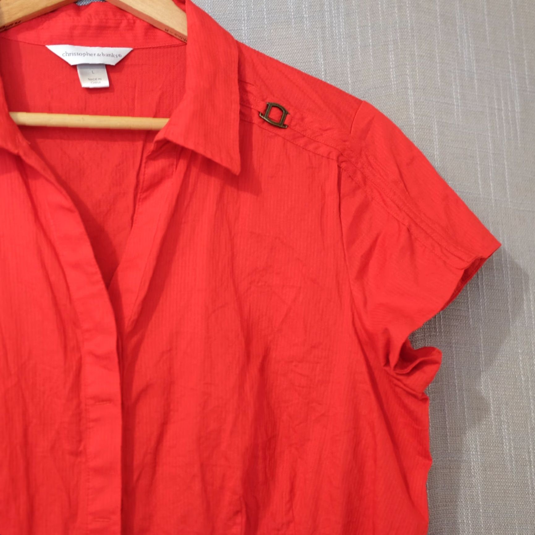 Vintage Christopher & Banks Button-Up Shirt Red Womens L 100% Cotton Shirt Short Sleeve Casual Slim Fit Mens Womens Girls Size L / US 10 / IT 46 - 3 Thumbnail