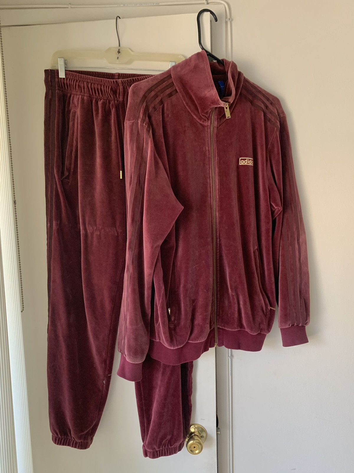 image of Adidas x Vintage Velour Three Stripe Track Suit in Burgandy, Men's (Size Medium)