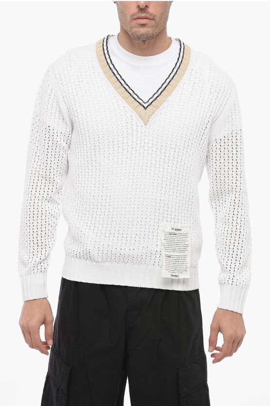 image of Ballantyne V-Neckline Openwork Sweater in White, Men's (Size Large)