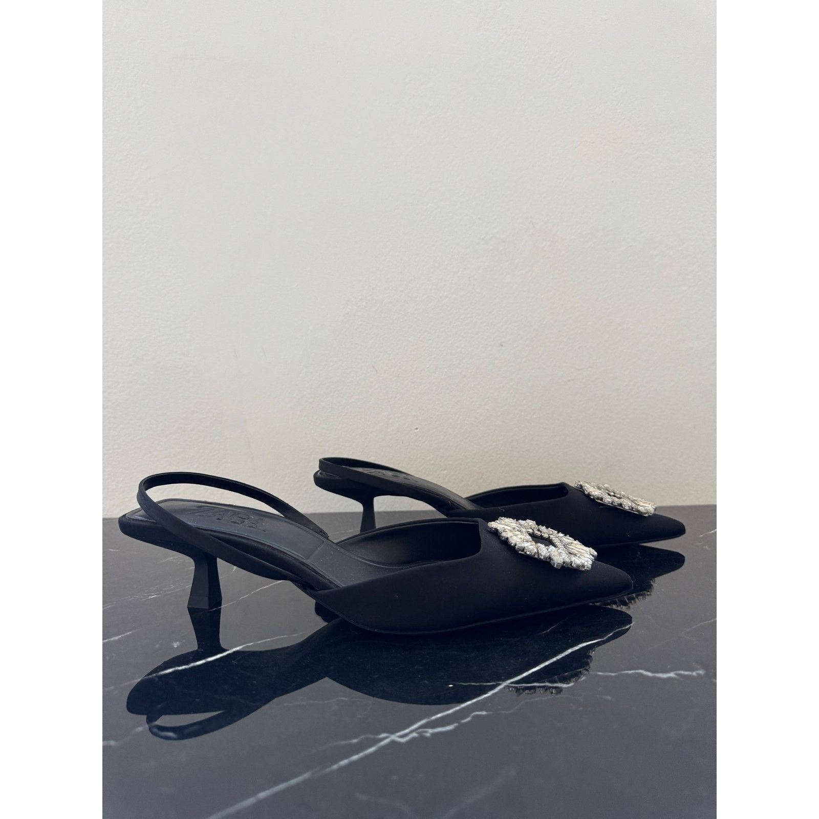 Zara Zara Black Rhinestone Pointed Toe Slingback Kitten Heel Size US 9 / IT 39 - 5 Thumbnail