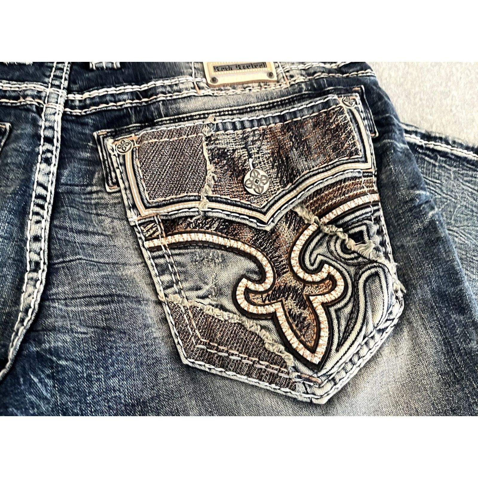 Vintage Rock Revival Jeans Mens 42x31 Distressed Straight Denim Blue NWT Size US 42 / EU 58 - 7 Thumbnail