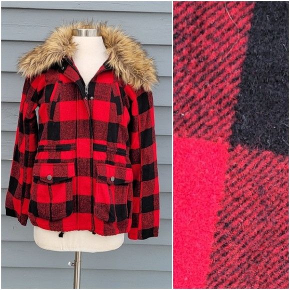 Vintage Vintage 90s Y2k Bongo Buffalo Check Plaid Red Black Faux Fur Size S / US 4 / IT 40 - 2 Thumbnail