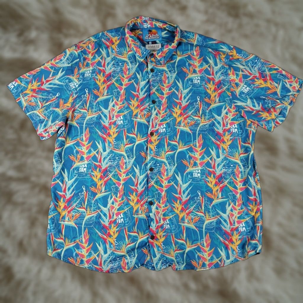 Paradise BALLS Beachwear Shirt Mens 2XL Floral Hawaiian Short Sleeve Button-Up Aloha Ivory Viscose Rayon, Beach/Cocktail/Travel, Mens Size US XXL / EU 58 / 5 - 1 Thumbnail