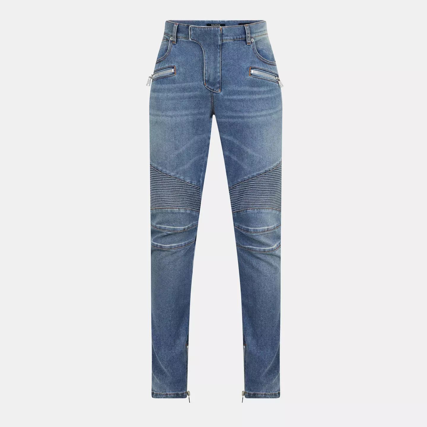 Balmain o1g2r1mq0426 Biker Ribbed Straight Leg Jeans in Blue Size US 30 / EU 46 - 1 Thumbnail