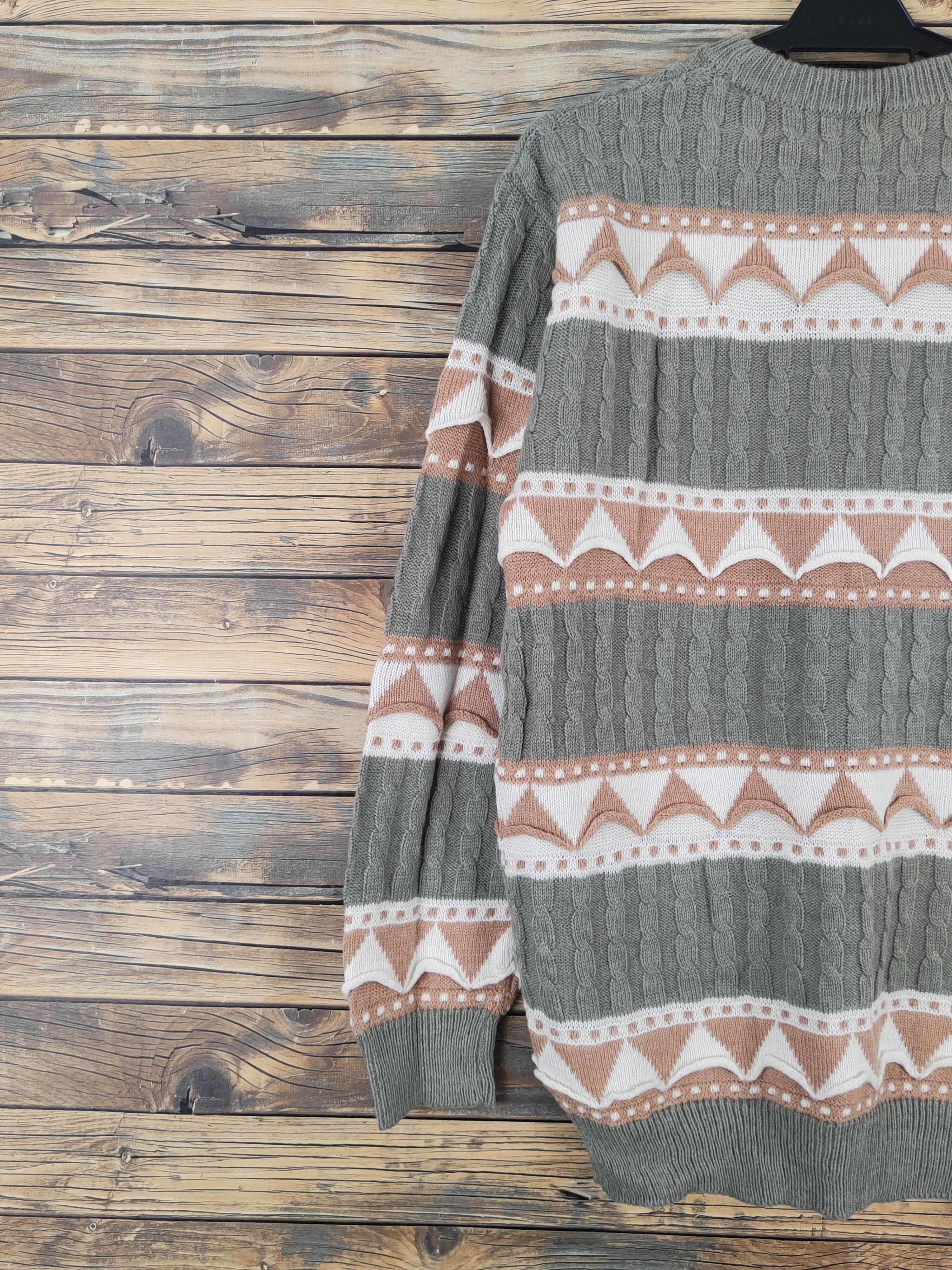 Aran Isles Knitwear Community Green Brown Knitwear Sweatshirts #W1092 Size US M / EU 48-50 / 2 - 8 Thumbnail