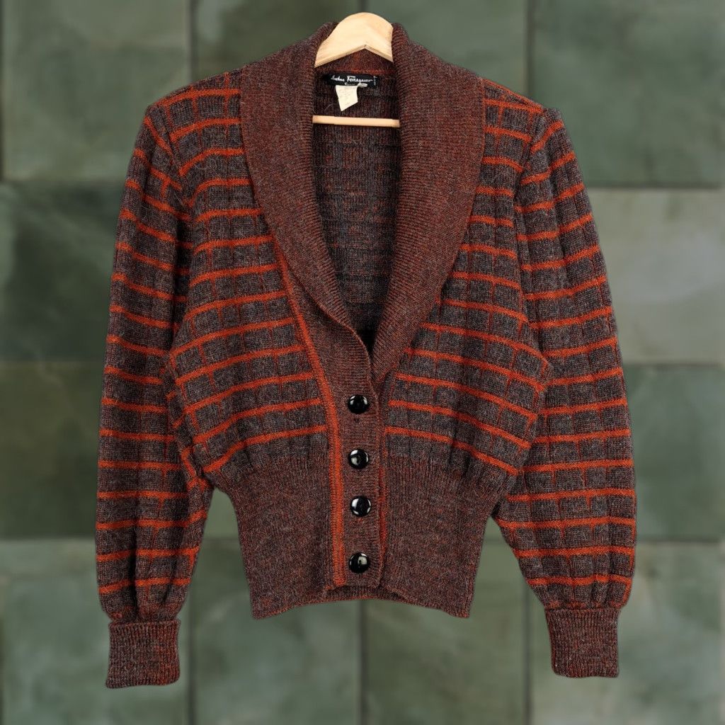VINTAGE Salvatore Ferragamo Cardigan Sweater Womens M Brown Wool Alpaca Blend Puff Sleeve V-Neck Check 80s 90s Designer Italy Womens Shirt?