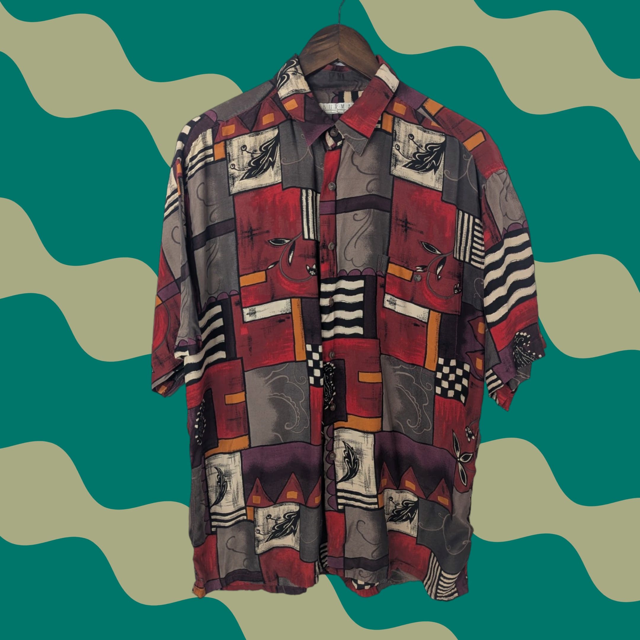 Vintage VTG Burma Bibas Shirt Mens L Red Abstract Geometric Short Sleeve Button-Up Rayon Size US L / EU 52-54 / 3 - 1 Thumbnail